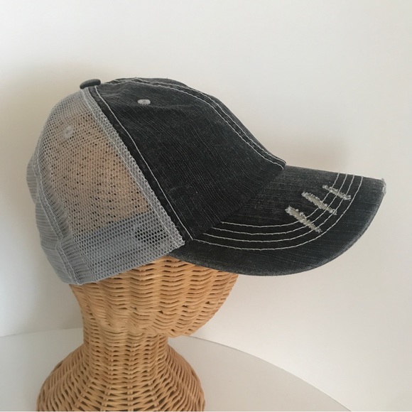Distressed Canvas, Mesh Back Ponytail Hat Adjustable Black Grey New! - Picture 5 of 12